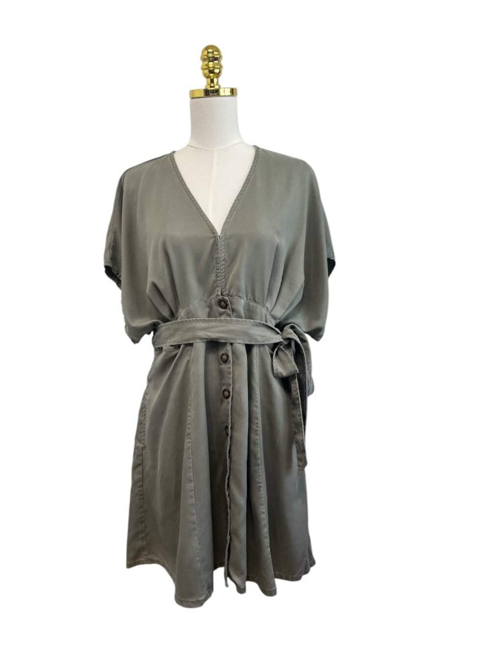 QUINCE Vintage Wash Tencel Button Front V-neckline Women's Mini Dress Olive Sz L - Picture 4 of 11